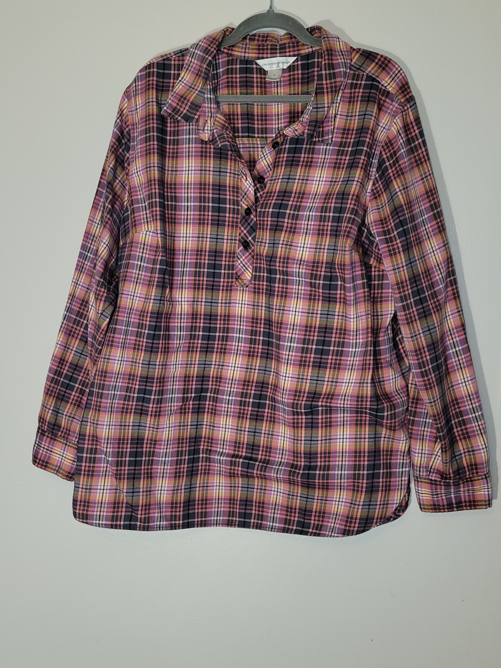Christopher & Banks Pink, Black & Yellow Plaid Button-Front Shirt